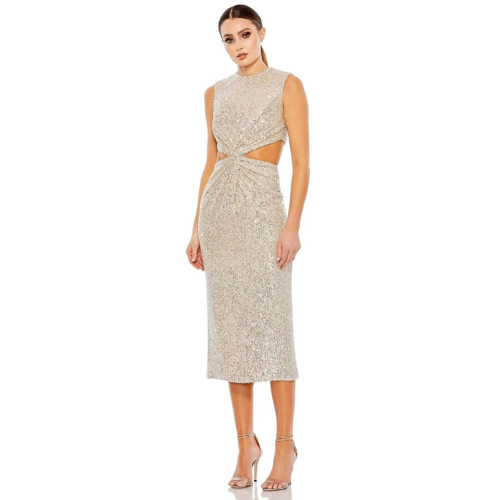 Ieena for Mac Duggal Sequin Cutout Twist Midi Dress Nude Champagne 27022 Size 12